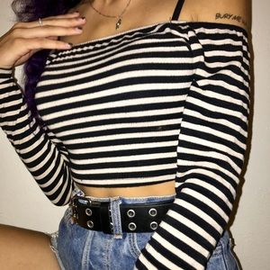 striped off the shoulder long sleeve crop top
